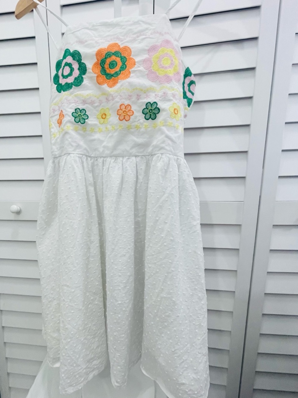 Girls Zunie Dotted Swiss White Sundress with Multicolor Floral Embroidery